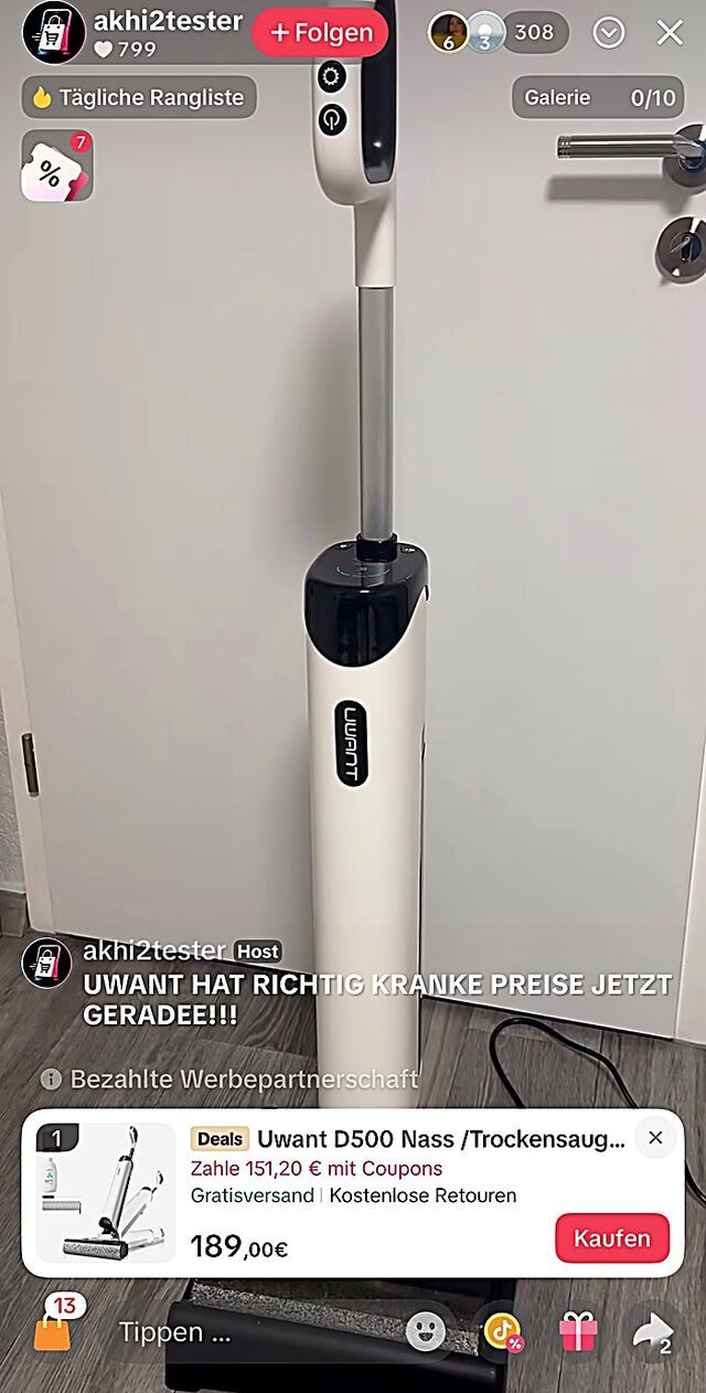 Livestream, in dem nur ein Akku-Staubsauger mit Kaufen-Button zu sehen ist