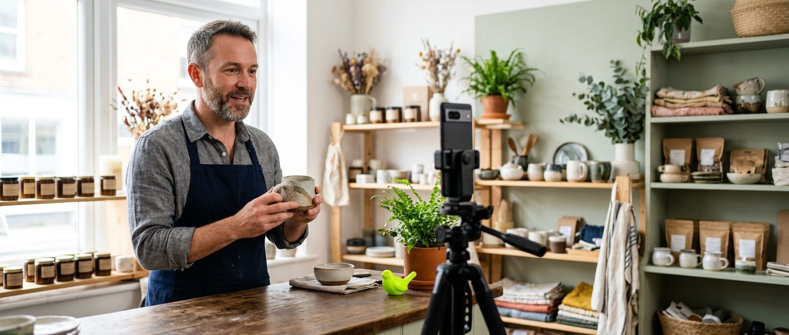 Ladeninhaber zeigt in seinem Geschäft eine Tasse in die Handykamera